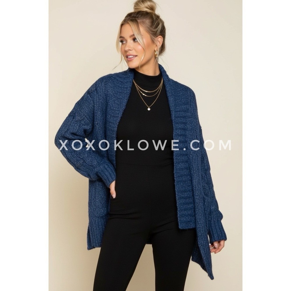 POL Ocean Blue Open Front Cable Knit Cardigan | Relaxed Fit - Picture 6 of 9